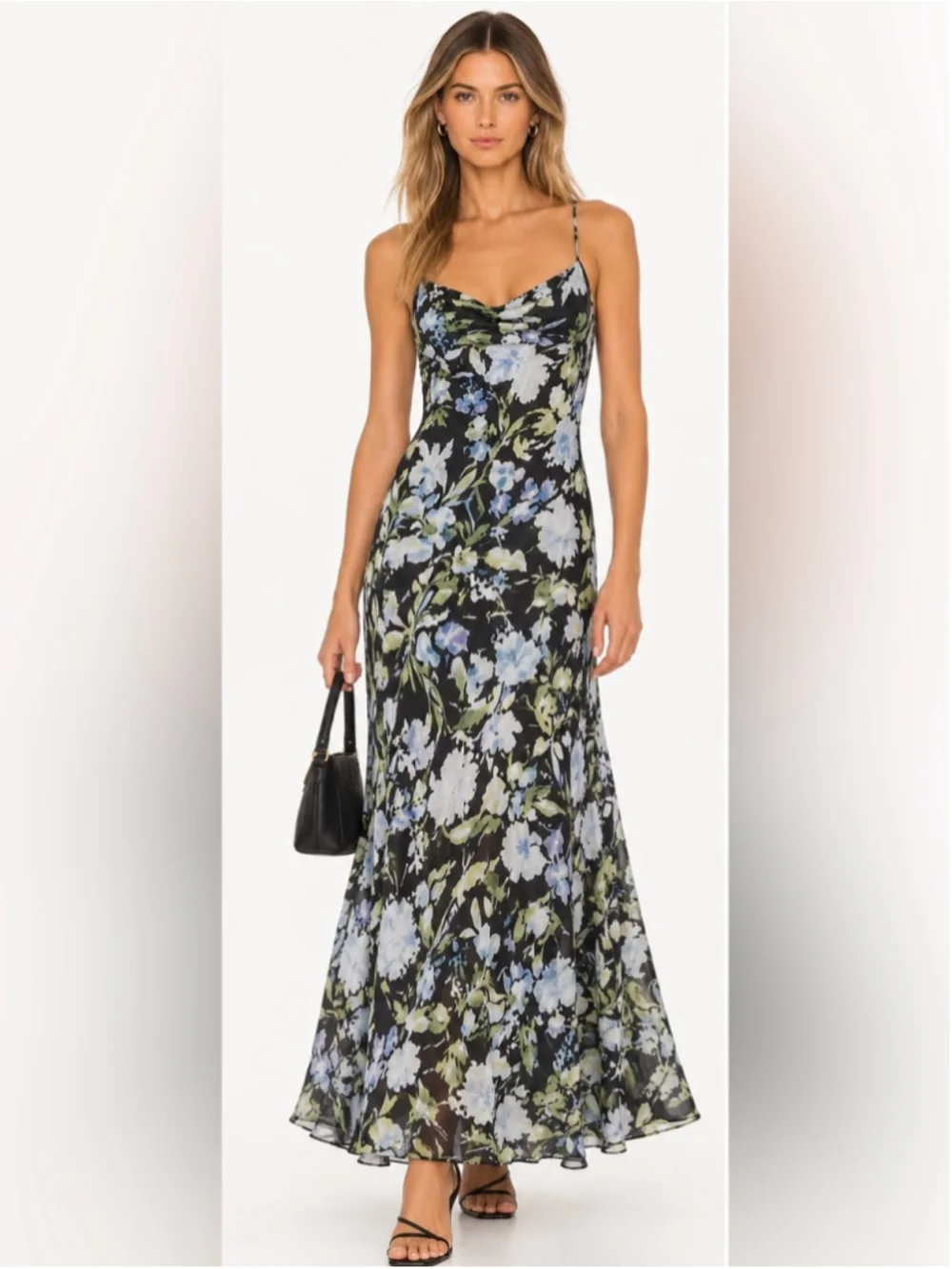 Abercrombie & Fitch Black Floral Slip Maxi Dress Size Large L Cowl Neck